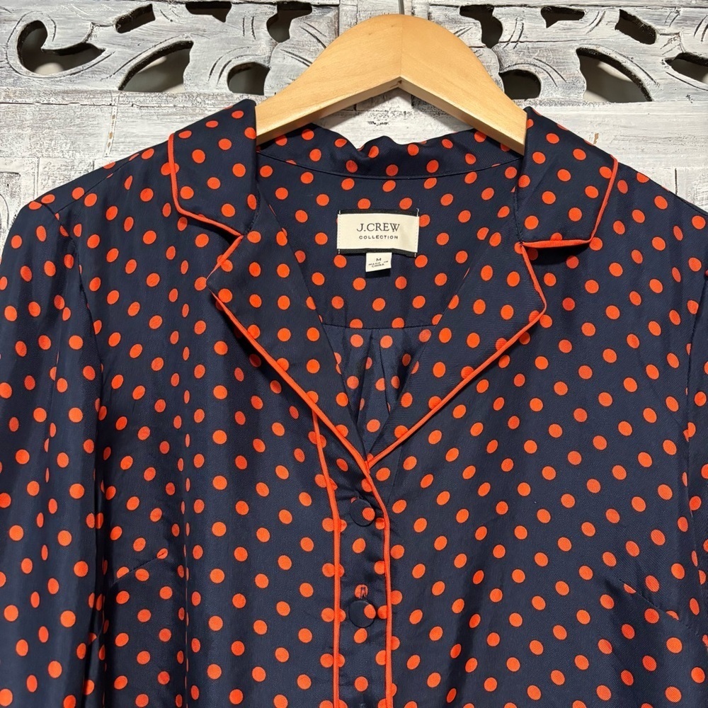 NEW J. Crew Collection Silk-Twill Navy/Orange Polka Dot Popover Blouse Size M - Picture 5 of 8